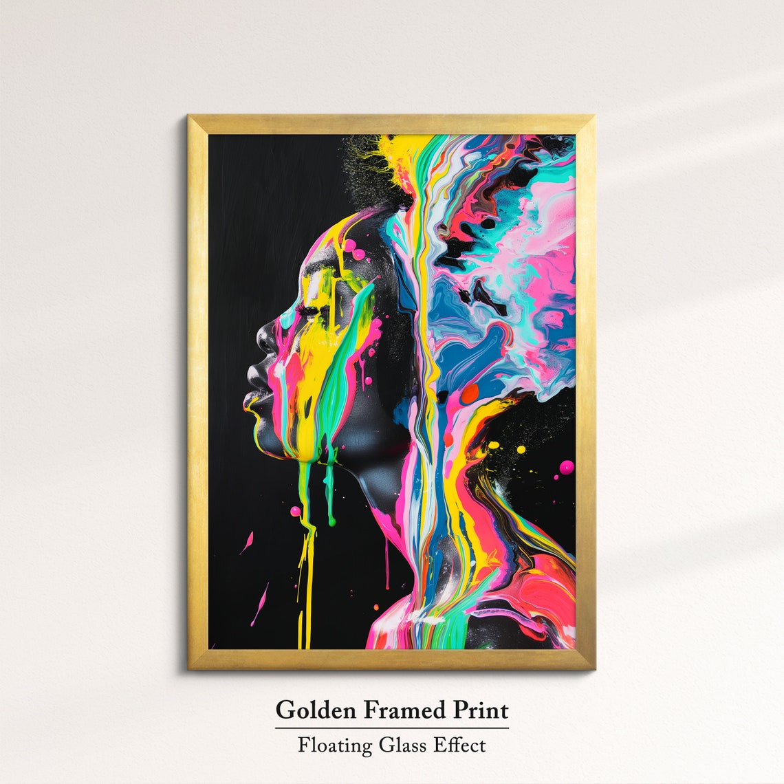 Neon Paint Drips Over Woman Face Profile Black Background Art Poster - Image 5