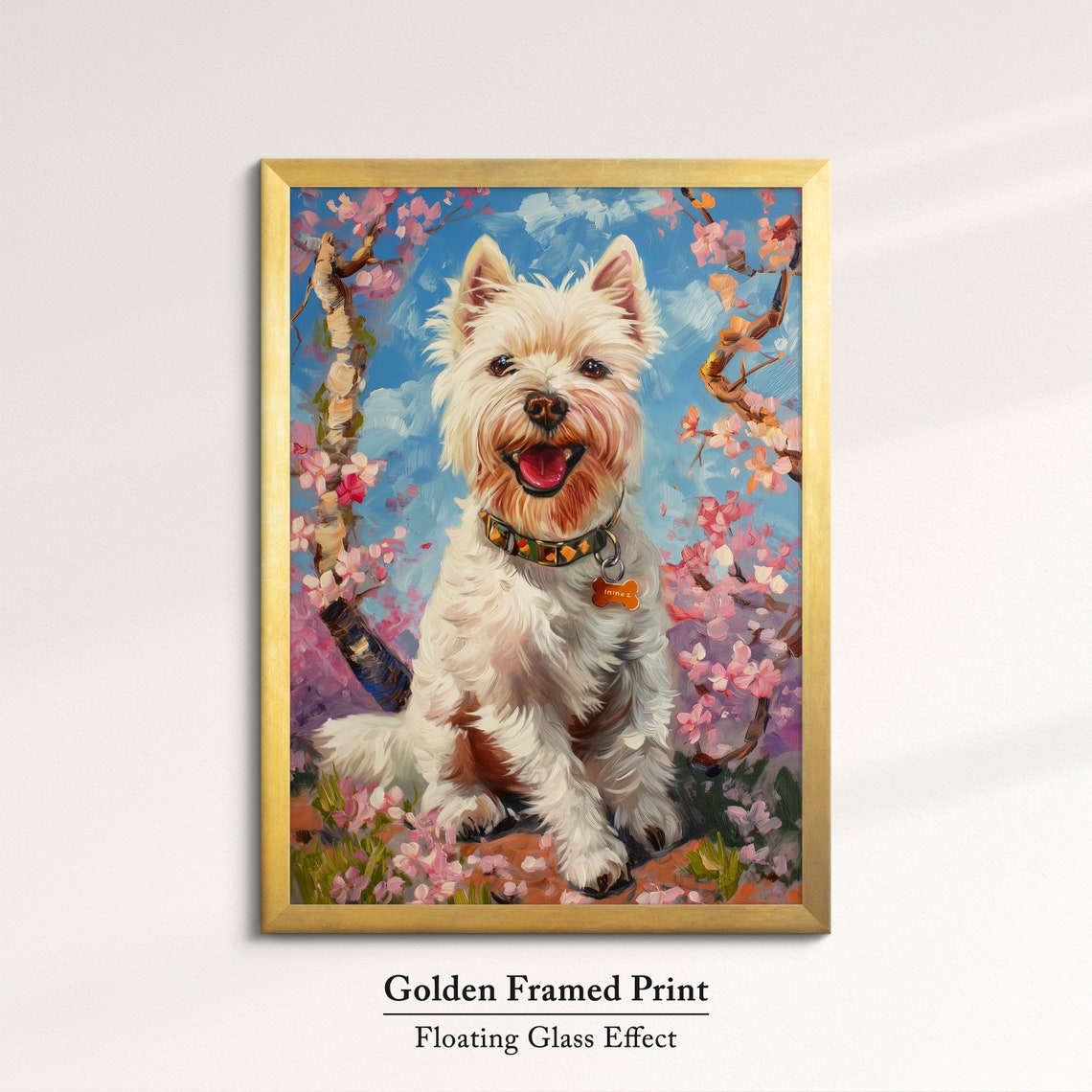 Smiling Westie With Bone Collar Tag In Blossom Branches Sky Art Poster - Image 5