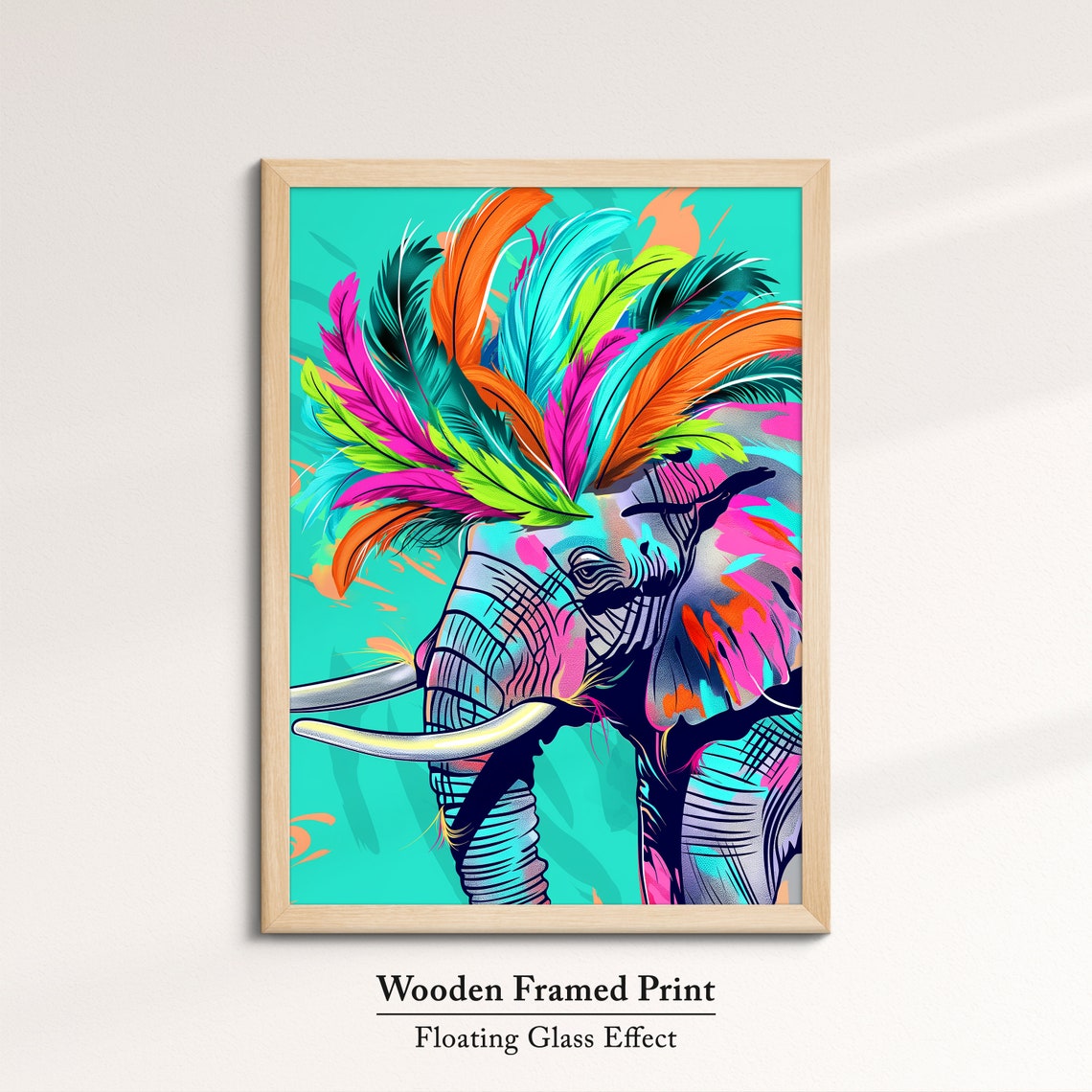 Elephant Side Profile With Neon Feather Headdress Turquoise Poster - Image 6