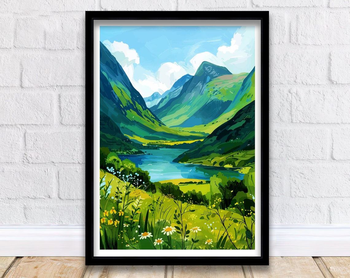 Glencoe Scotland Green Valley Loch Wildflowers Mountain Poster