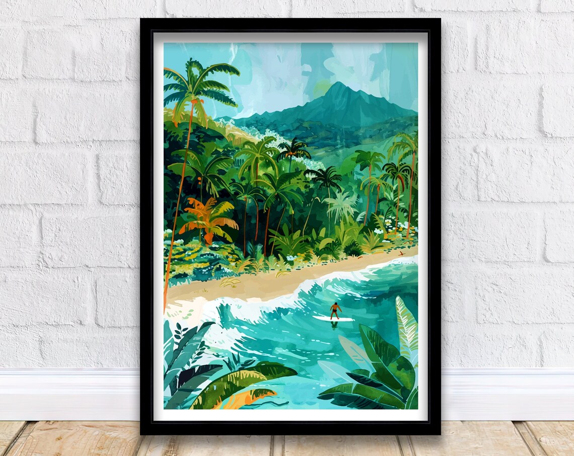 Hawaii Tropical Beach Surfing Palm Trees Volcano Island Travel Poster