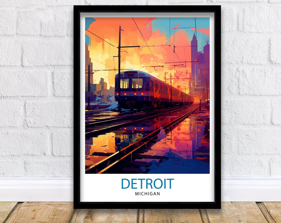 Detroit Michigan Train Sunset Urban Railway Colorful Travel Poster