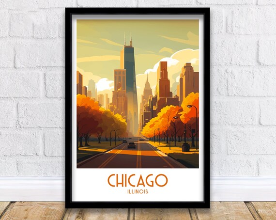 Chicago Illinois Downtown Skyline Autumn Boulevard City Poster