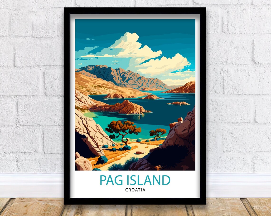 Pag Island Croatia Rocky Coves Turquoise Water Vintage Travel Poster