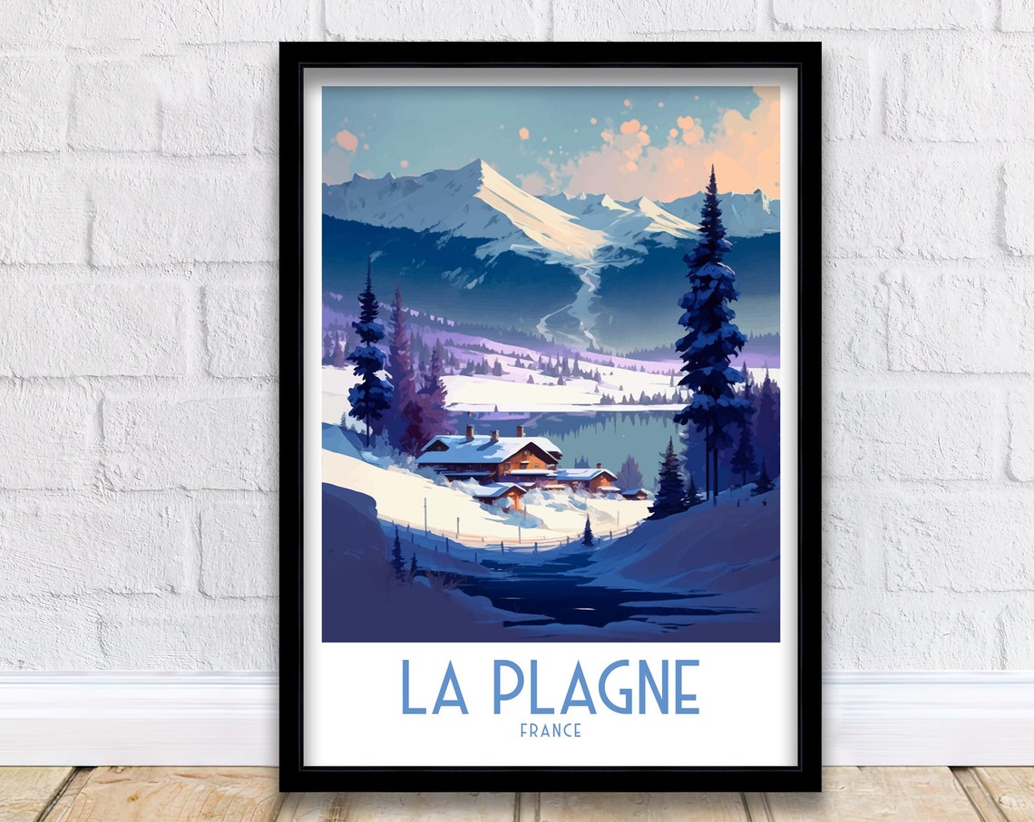 La Plagne France Alpine Ski Chalet Mountain Winter Travel Poster
