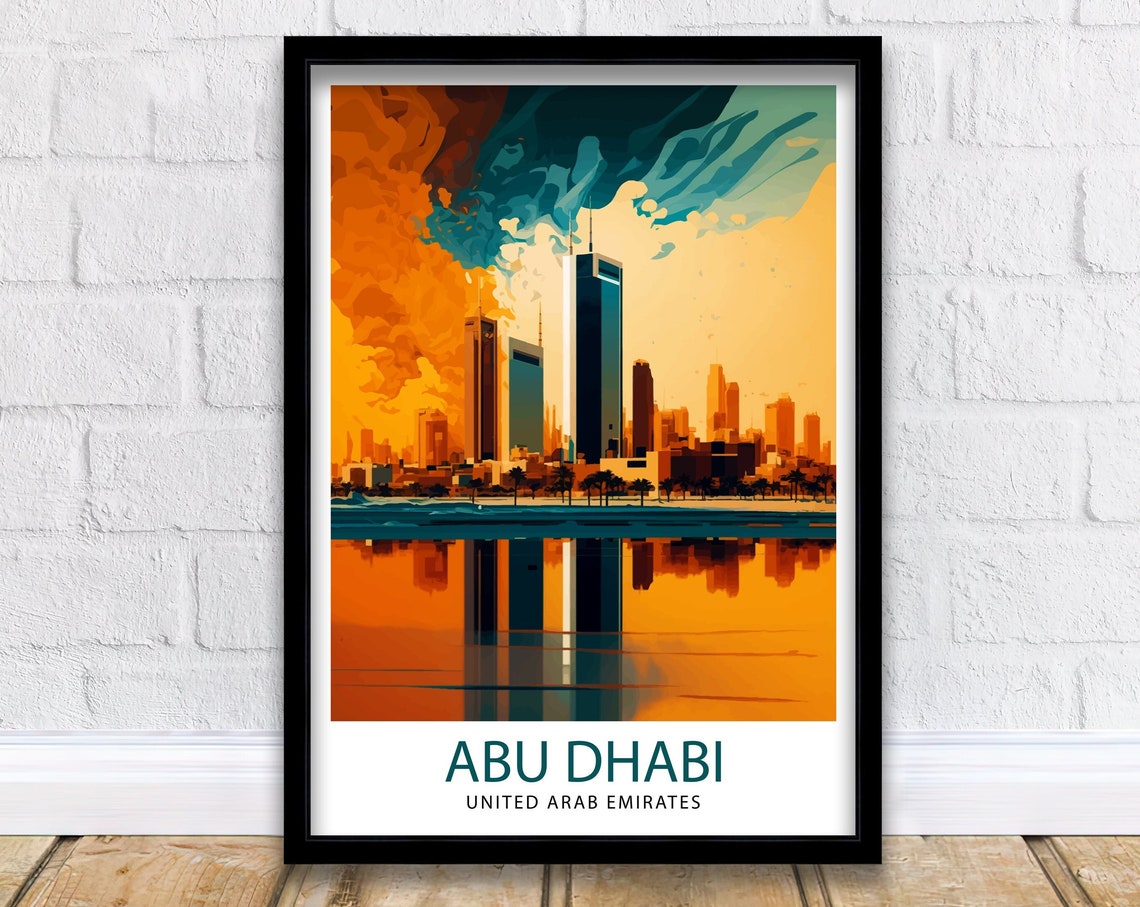 Abu Dhabi United Arab Emirates Sunset Skyline Reflection Travel Poster