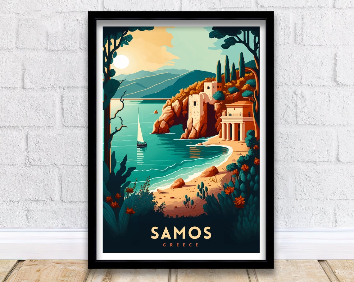 Samos Greece Vintage Travel Illustration Sunset Coast Poster