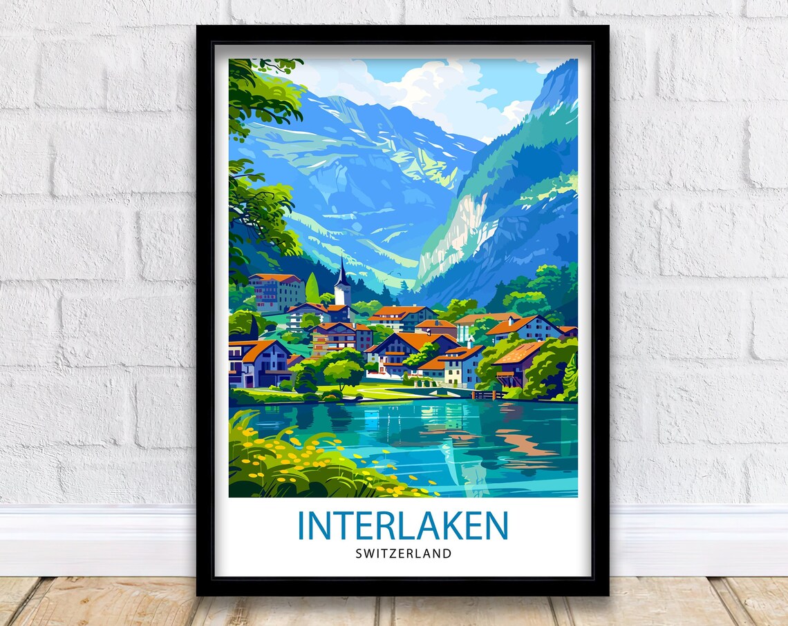 Interlaken Switzerland Travel Poster, Europe Illustration