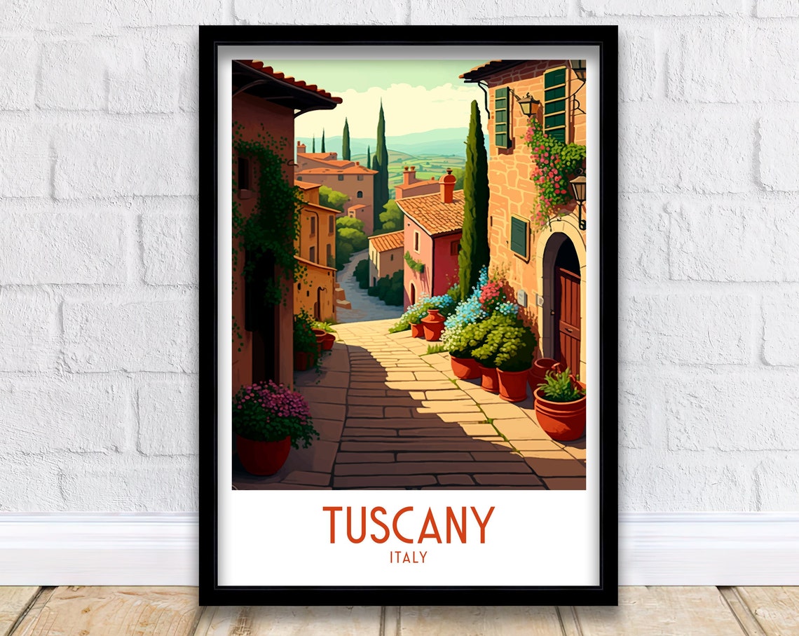 Tuscany Italy Sunlit Village Street Cypress Flower Gardens Poster