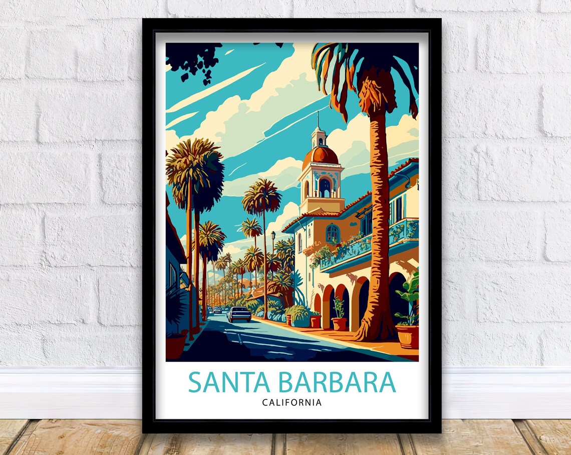 Santa Barbara California Palm Lined Street Mission Style Travel Poster