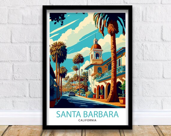 Santa Barbara California Palm Lined Street Mission Style Travel Poster