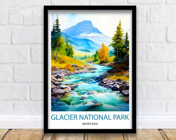 Glacier National Park Montana River Rapids Watercolor Travel Poster
