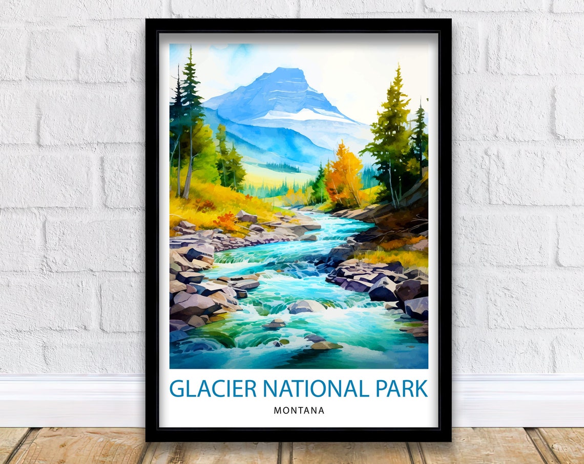 Glacier National Park Montana River Rapids Watercolor Travel Poster