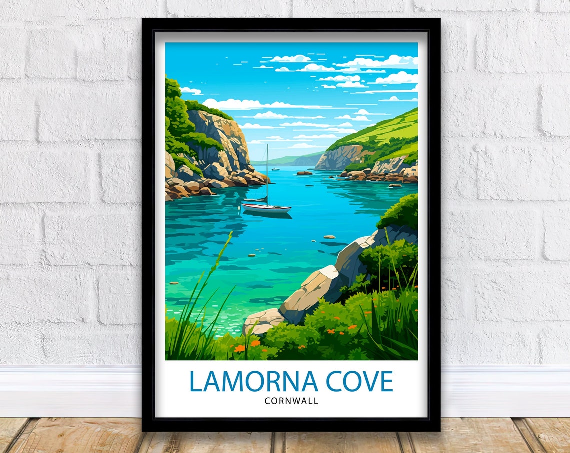 Lamorna Cove Cornwall Rocky Cliff Turquoise Bay Retro Travel Poster