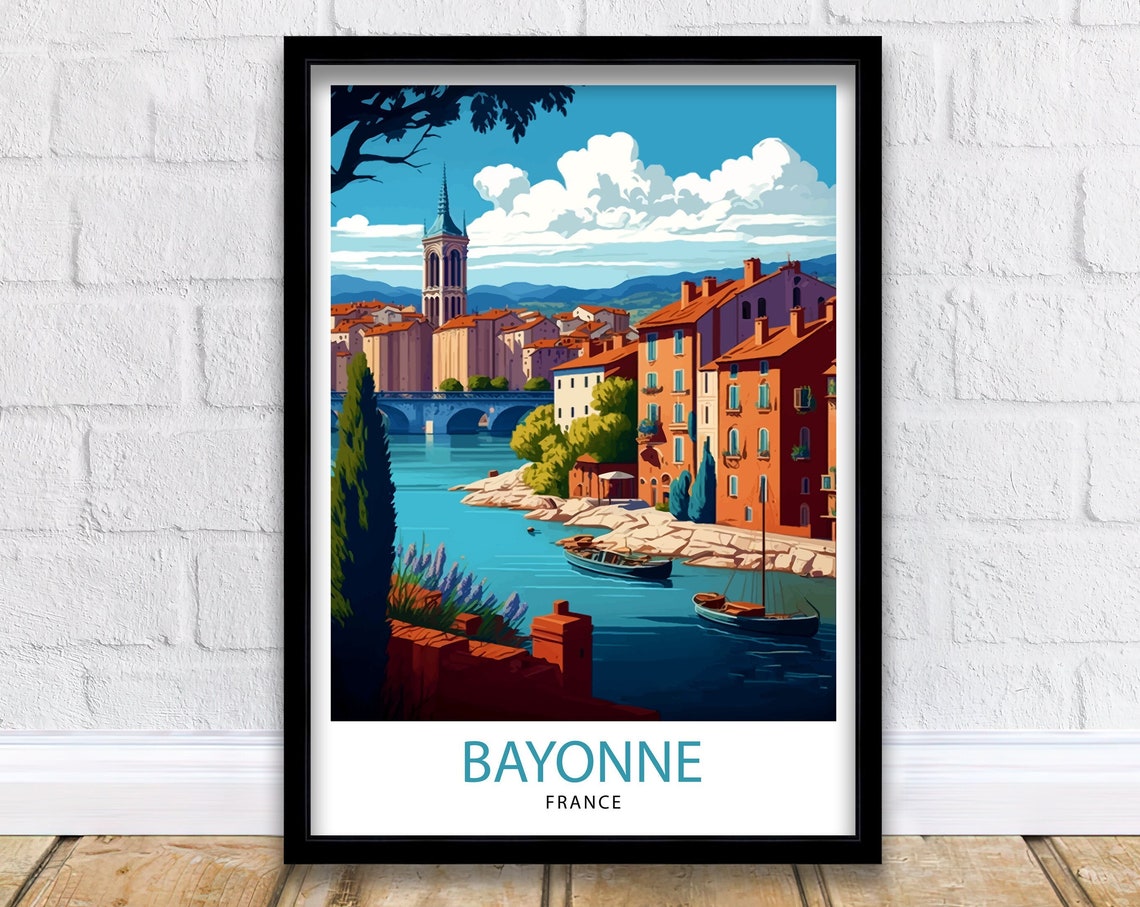 Bayonne France Riverside Old Town Riverboat Art Travel Poster