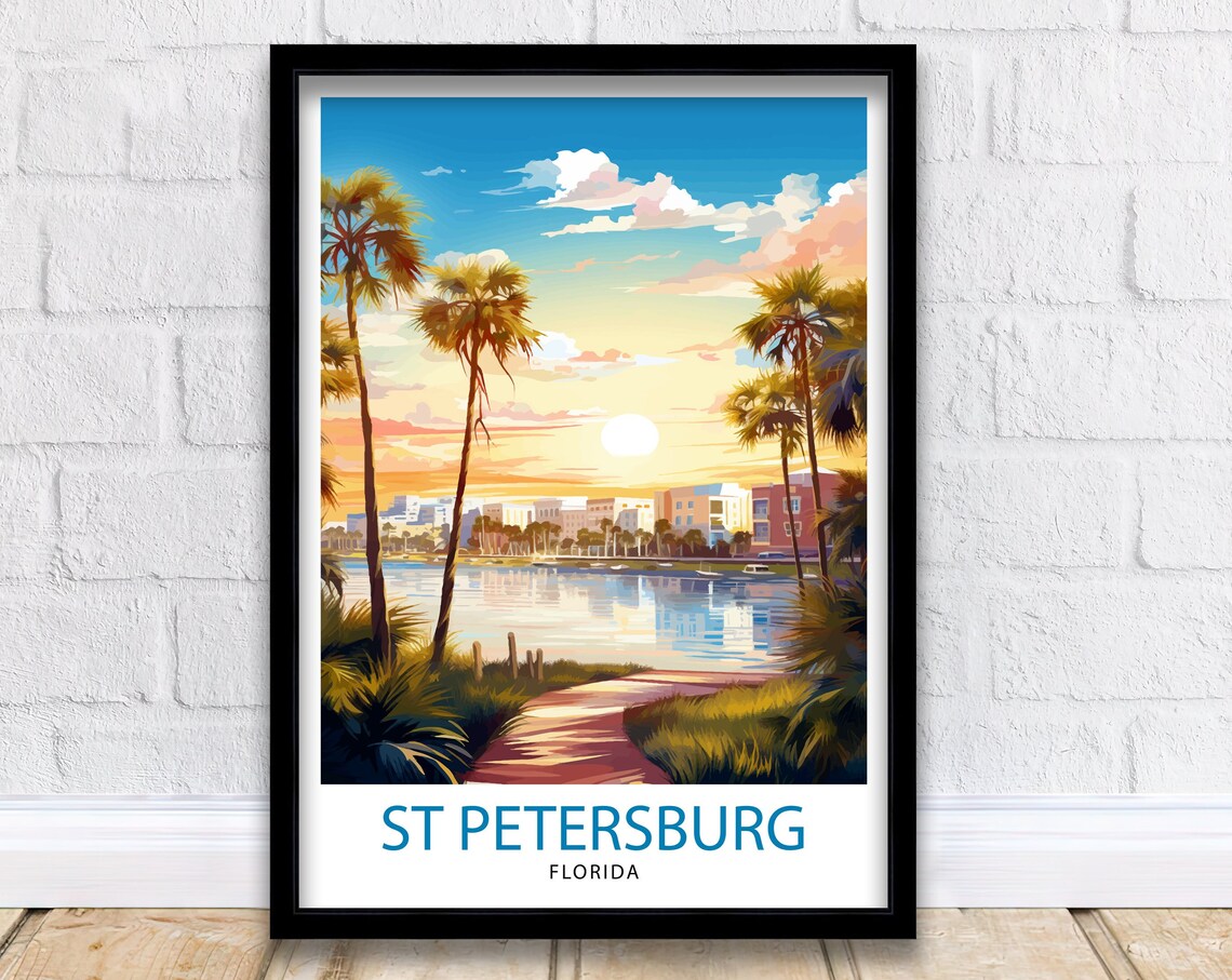 St Petersburg Florida Sunset Palm Waterfront Skyline Travel Poster
