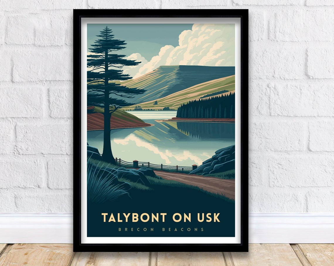 Talybont on Usk Brecon Beacons Reservoir Hills Vintage Travel Poster
