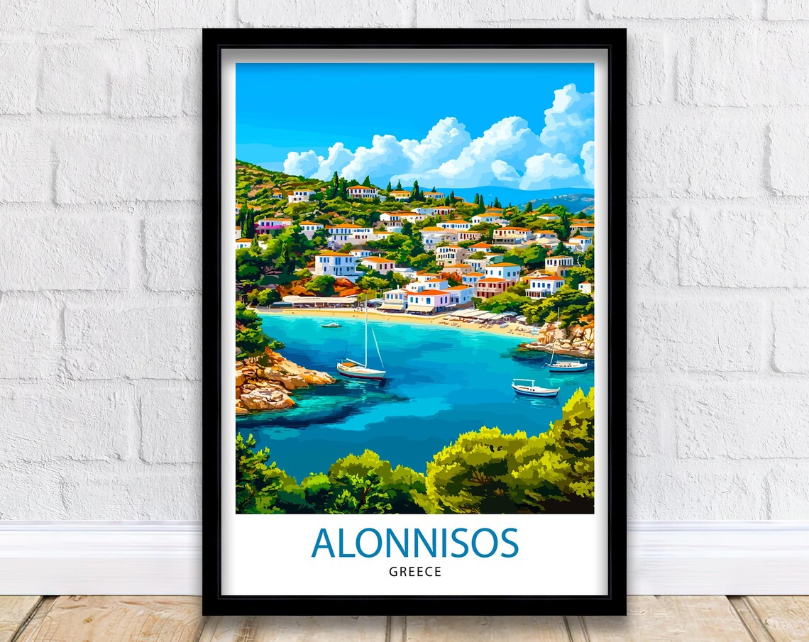 Alonnisos Greece Harbor Village Boats Aegean Island Travel Poster