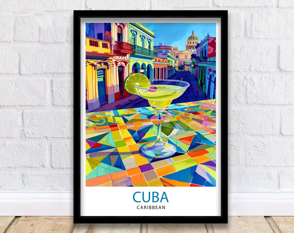 Cuba Caribbean Colorful Havana Street Mojito Cocktail Travel Poster