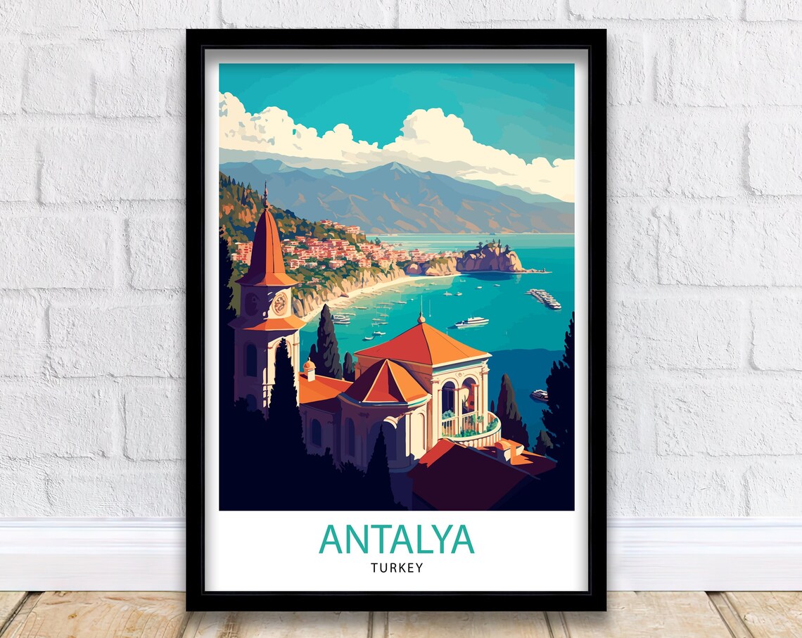 Antalya Turkey Bay Bell Tower Seaside Resort View Travel Poster