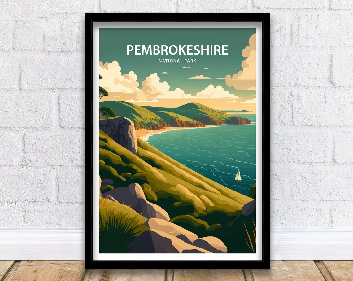 Pembrokeshire National Park Wales Coastal Sunset Cliffs Travel Poster