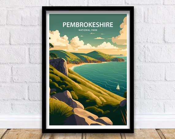 Pembrokeshire National Park Wales Coastal Sunset Cliffs Travel Poster