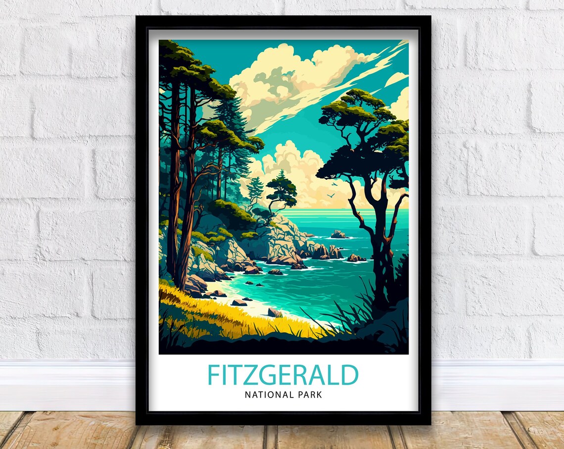 Fitzgerald National Park Coastal Pines Rocks Vintage Travel Poster