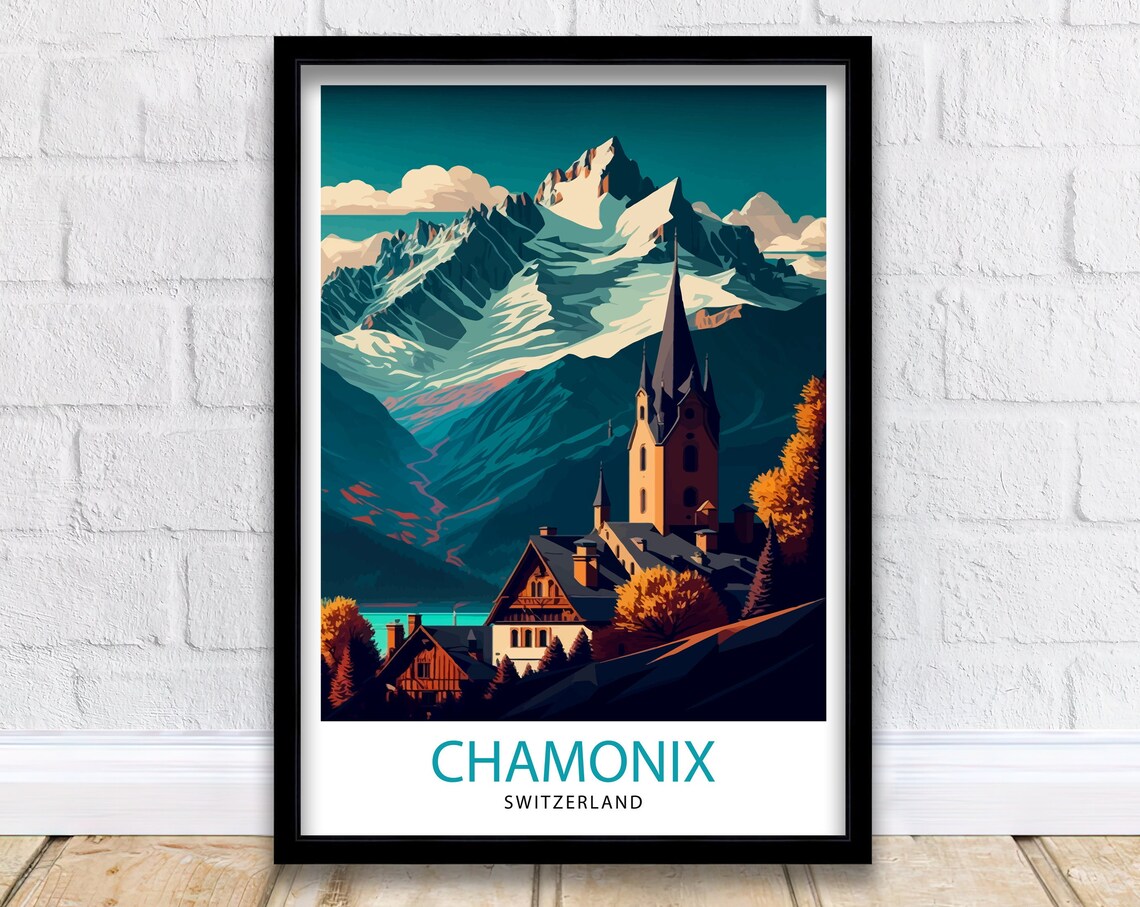 Chamonix Switzerland Snowy Peaks Mountain Church Autumn Travel Poster