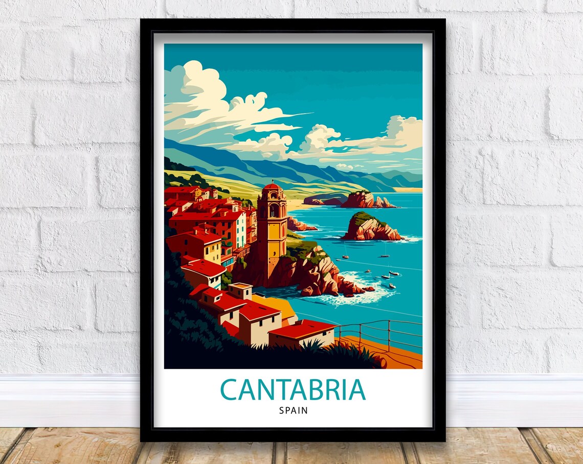 Cantabria Spain Coastal Cliff Town Church Tower Seaside Poster