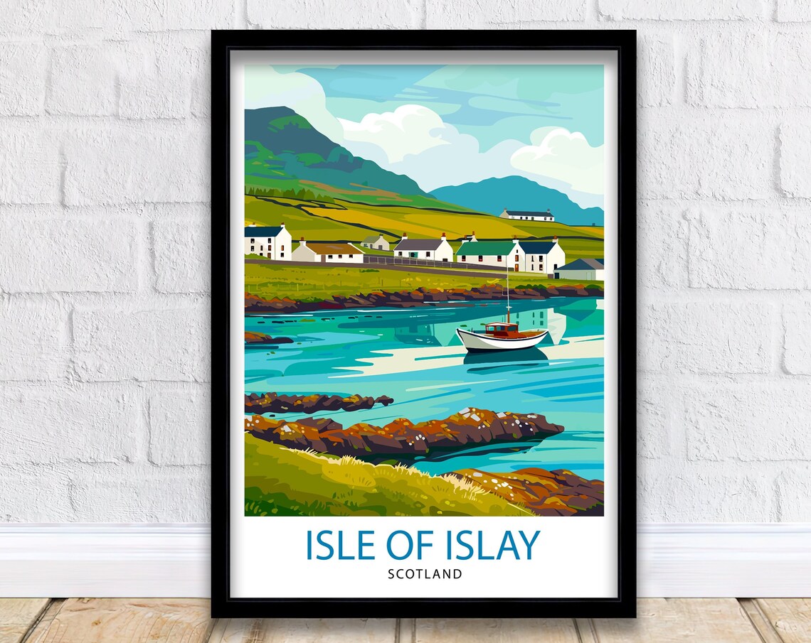 Isle of Islay Scotland Coastal Village Harbor Boat Travel Poster