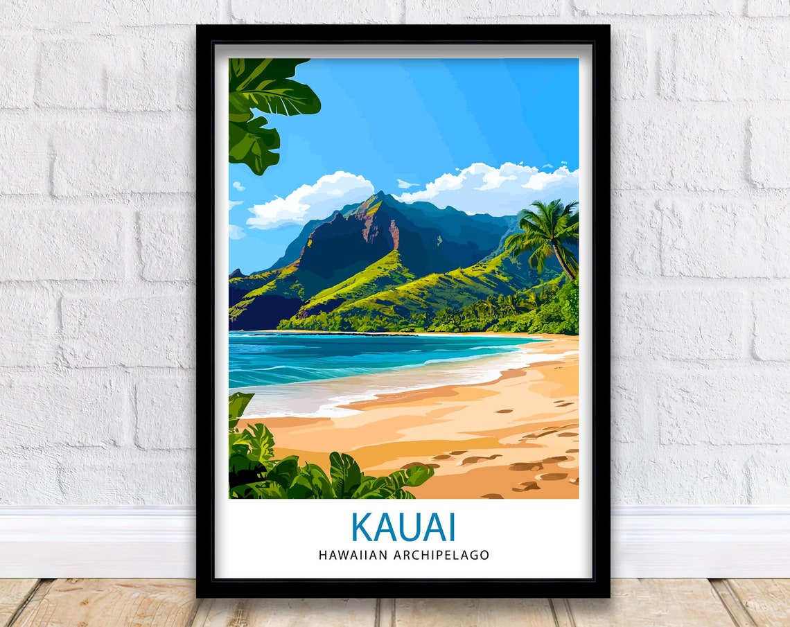Kauai Hawaiian Archipelago Beach Green Cliffs Shore Travel Poster