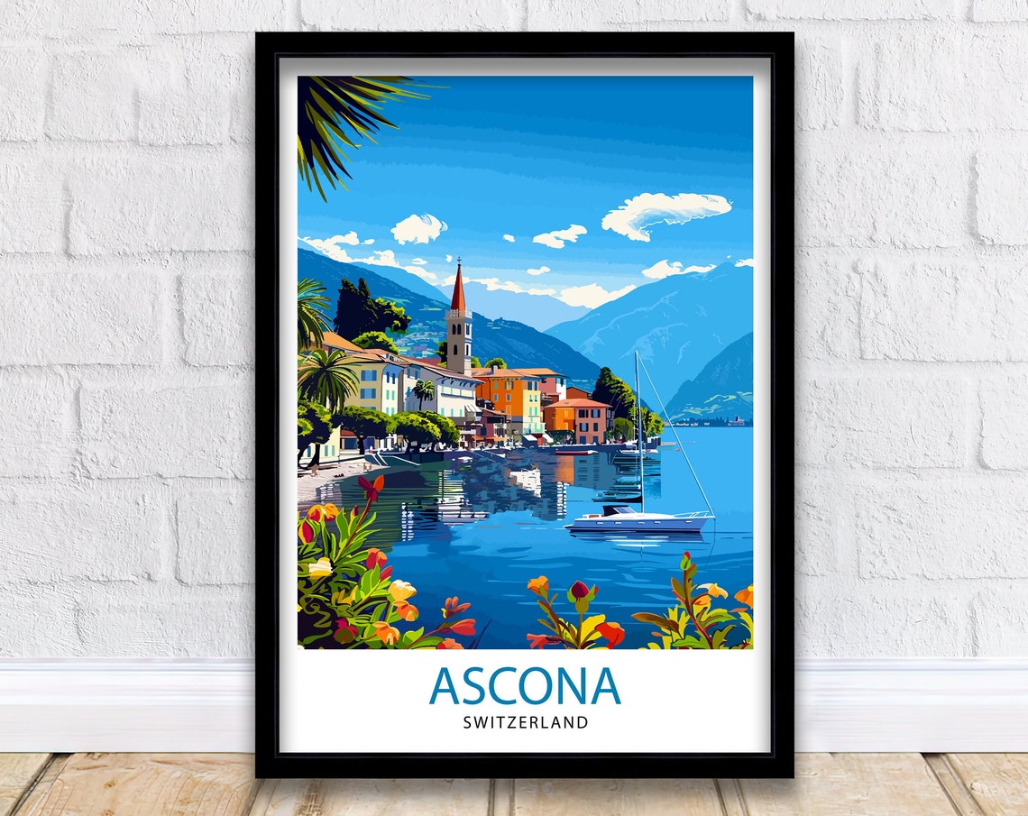 Ascona Switzerland Lakeside Village Church Tower Flowers Travel Poster