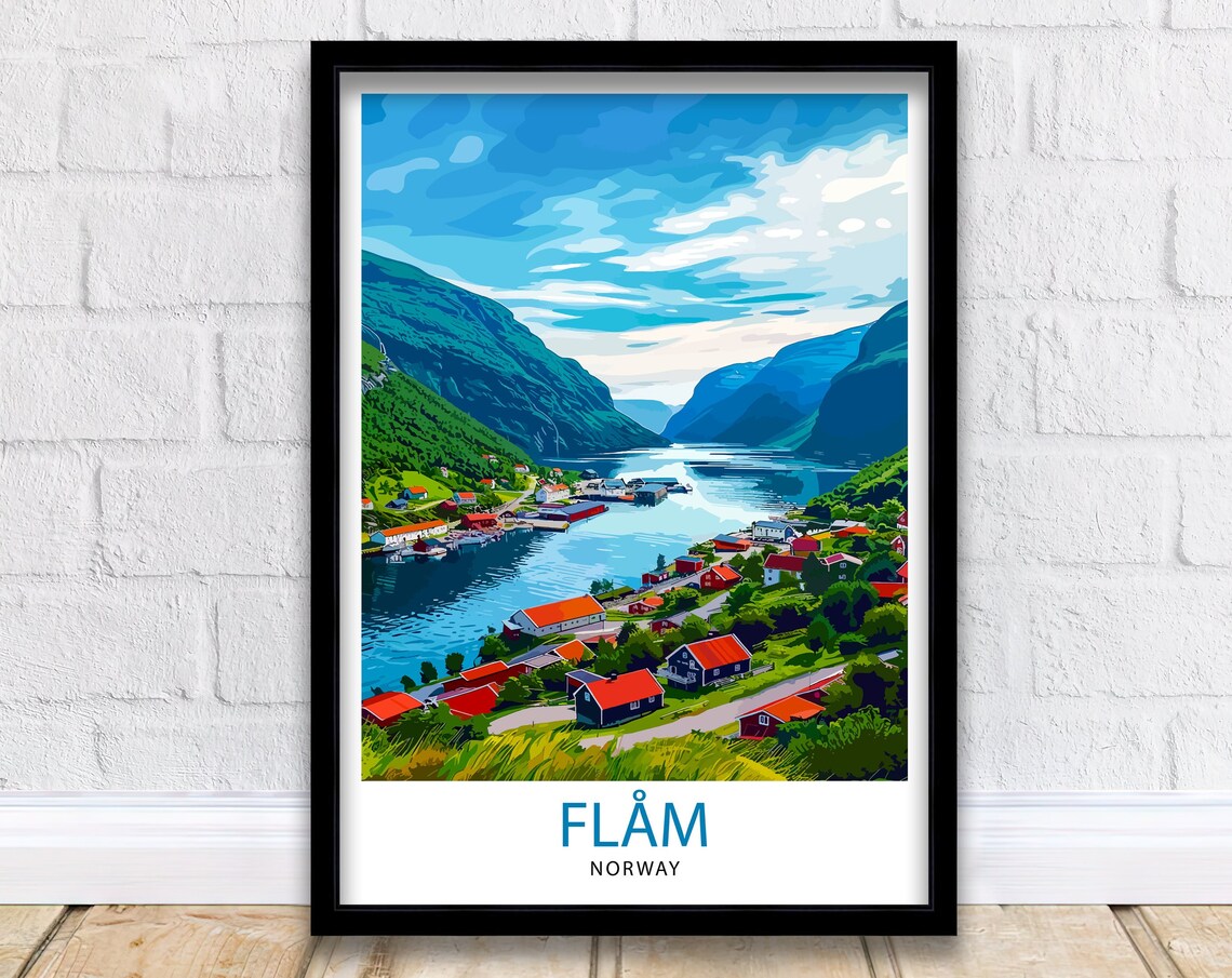 Flam Norway Fjord Village Red Cabins Vintage Style Travel Poster