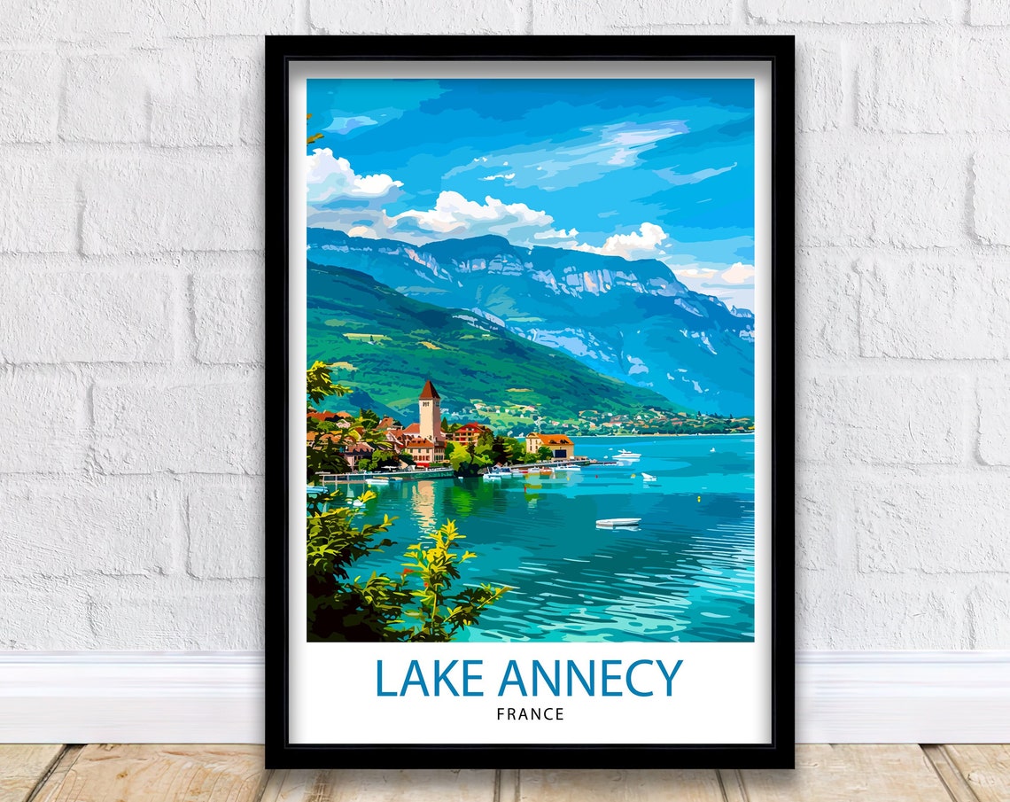 Lake Annecy France Turquoise Waters Illustrated Travel Poster