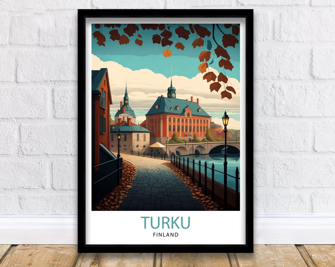 Turku Finland Autumn Riverside Street Bridge Vintage Travel Poster
