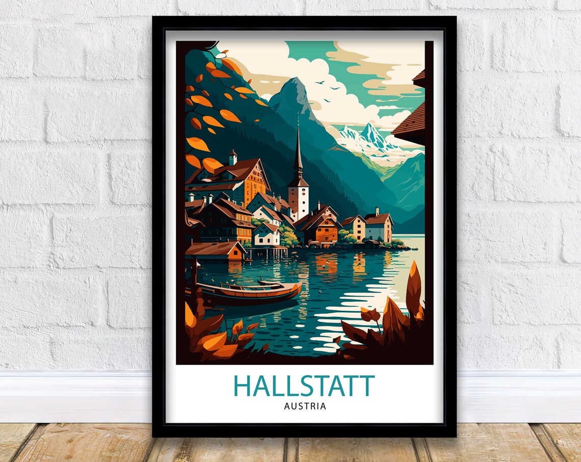 Hallstatt Austria Lakeside Village Autumn Vintage Travel Poster