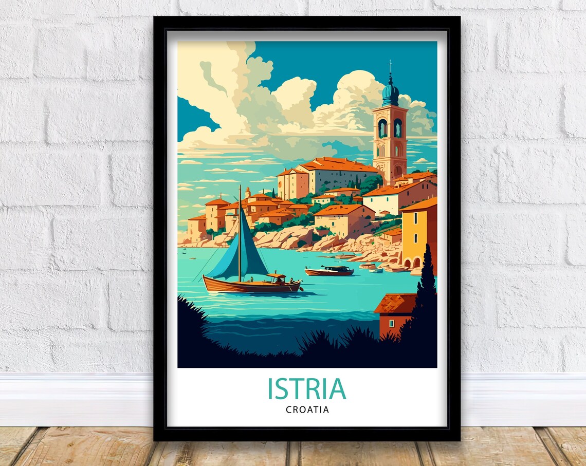 Istria Croatia Travel Poster Adriatic Coastal Town Sailboat Art