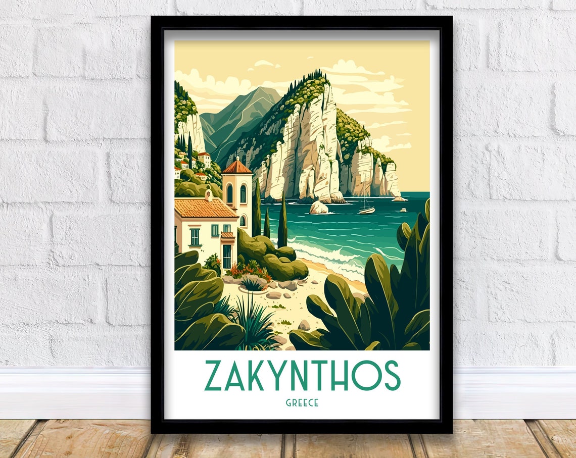 Zakynthos Greece White Cliffs Sea Cove Church Art Travel Poster