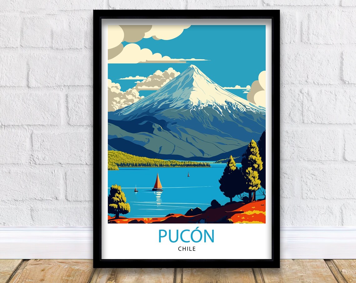 Pucon Chile Travel Poster, Chilean Landscape Decor