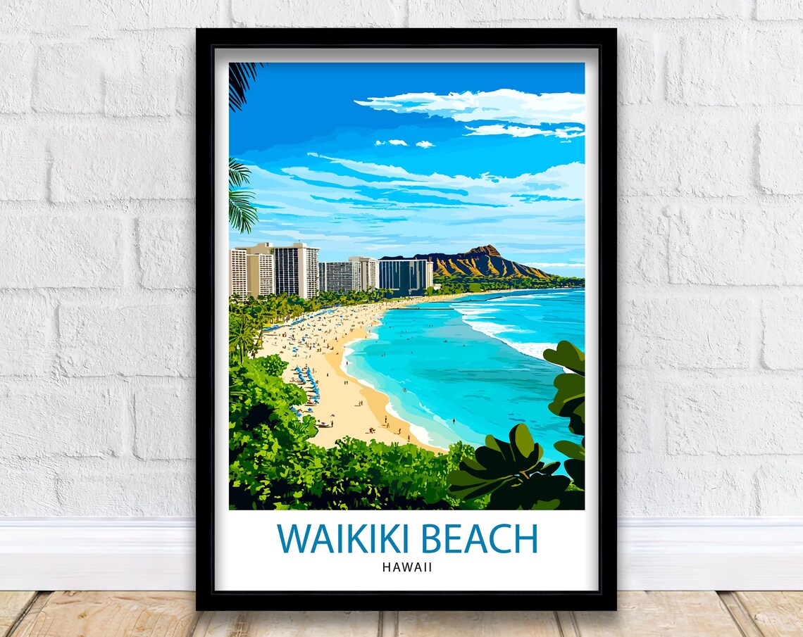 Waikiki Beach Hawaii Diamond Head Surf Palms Ocean Travel Poster
