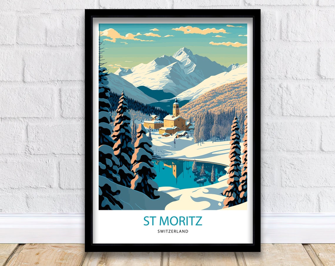 St Moritz Switzerland Snow Village Lake Alps Vintage Travel Poster