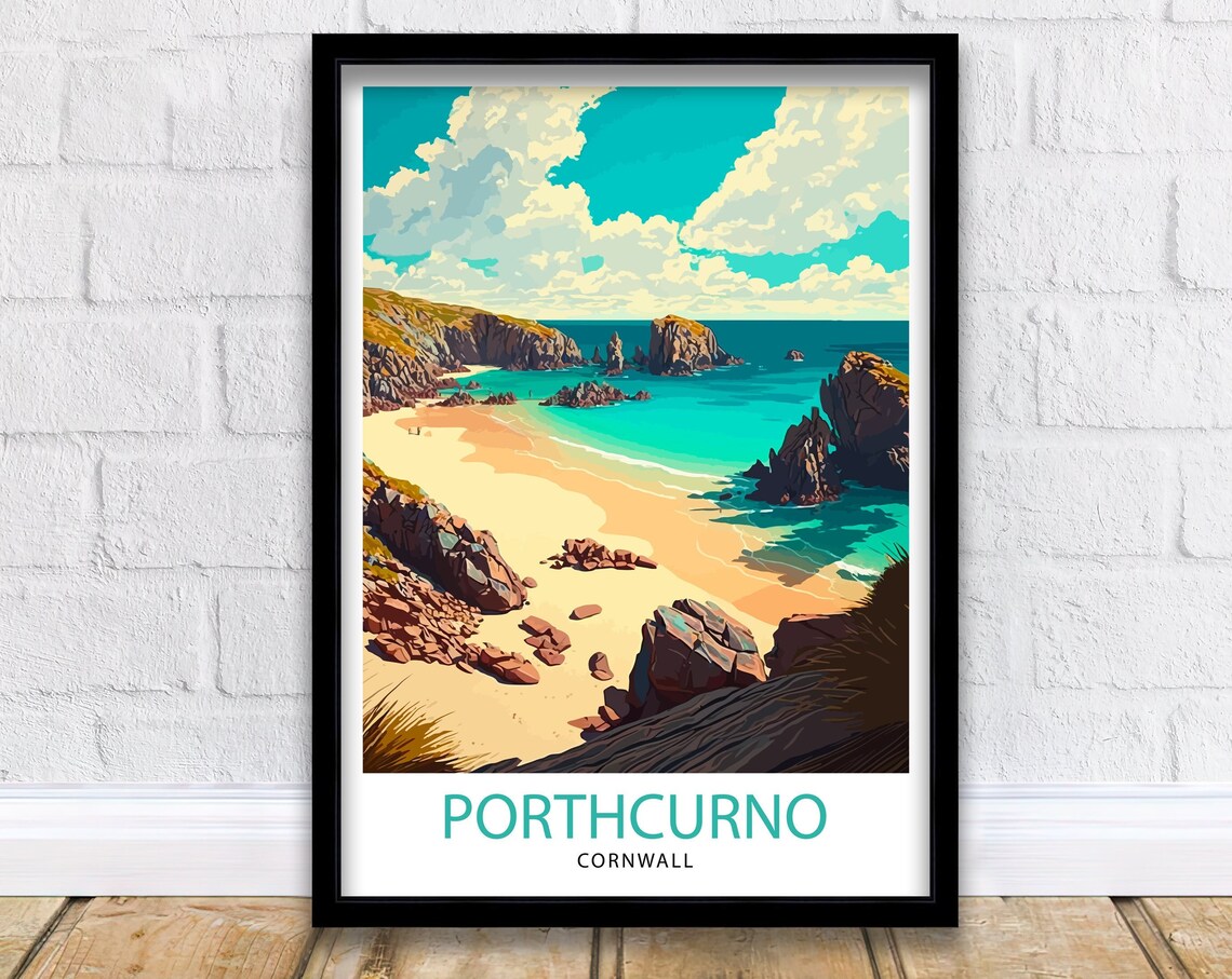 Porthcurno Cornwall Travel Poster, Beach Illustration