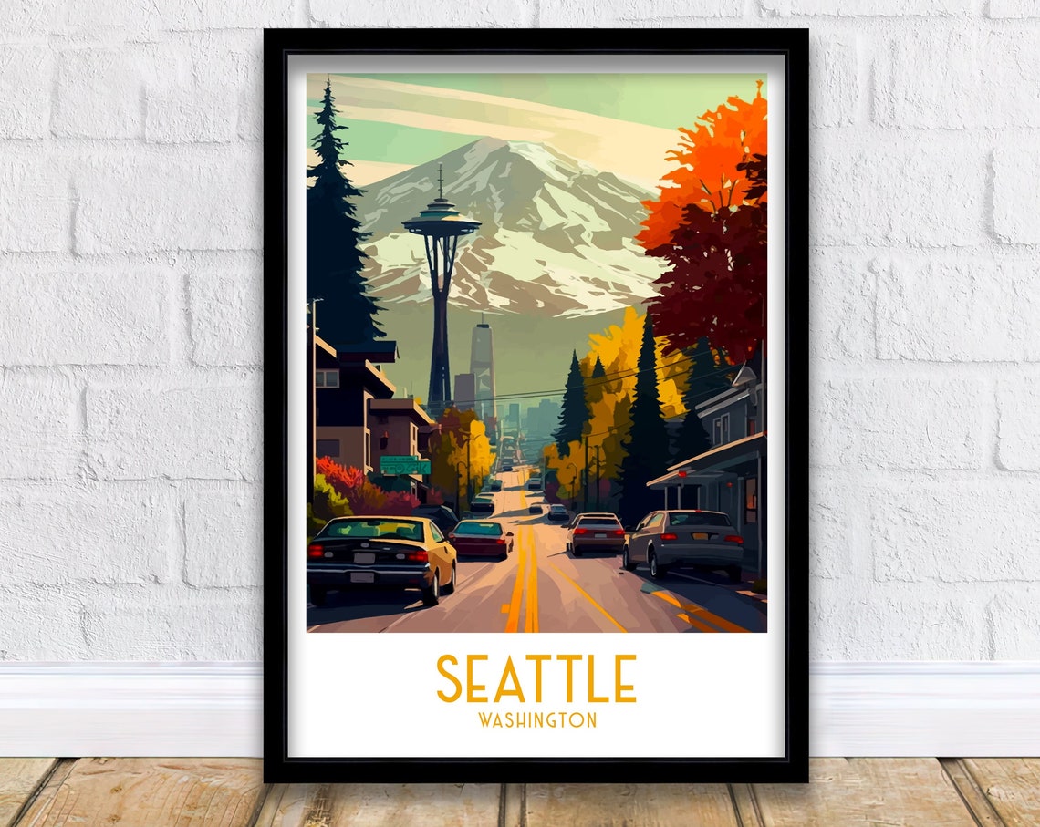 Seattle Washington Space Needle Mountain Cityscape Travel Poster