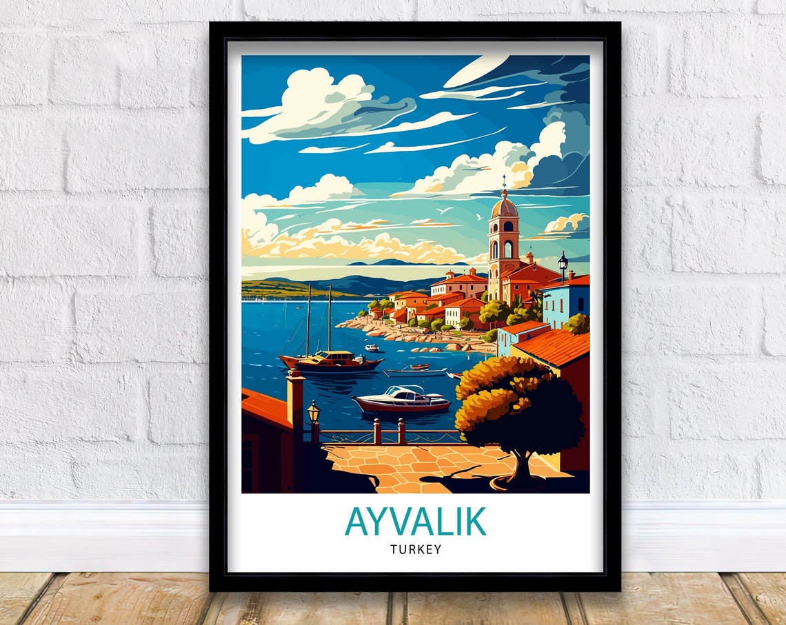 Ayvalik Turkey Harbor Boats Church Tower Seaside Town Travel Poster