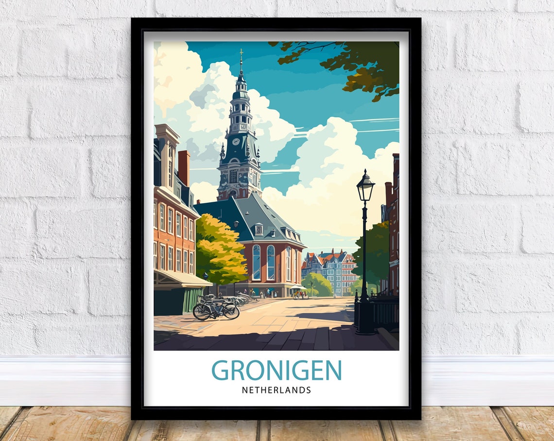 Groningen Netherlands Church Tower Square Bicycle Travel Poster