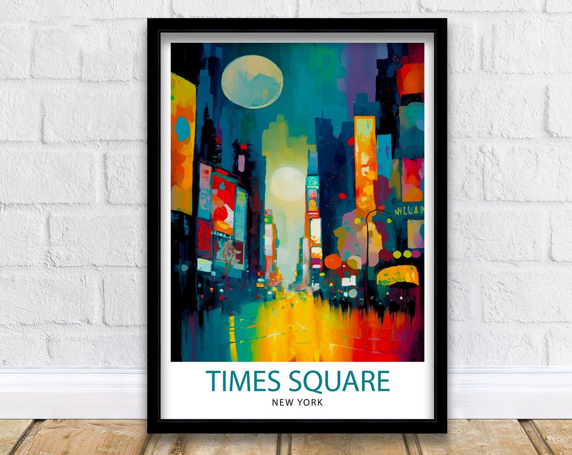 Times Square New York Night Cityscape Vintage Neon Travel Poster