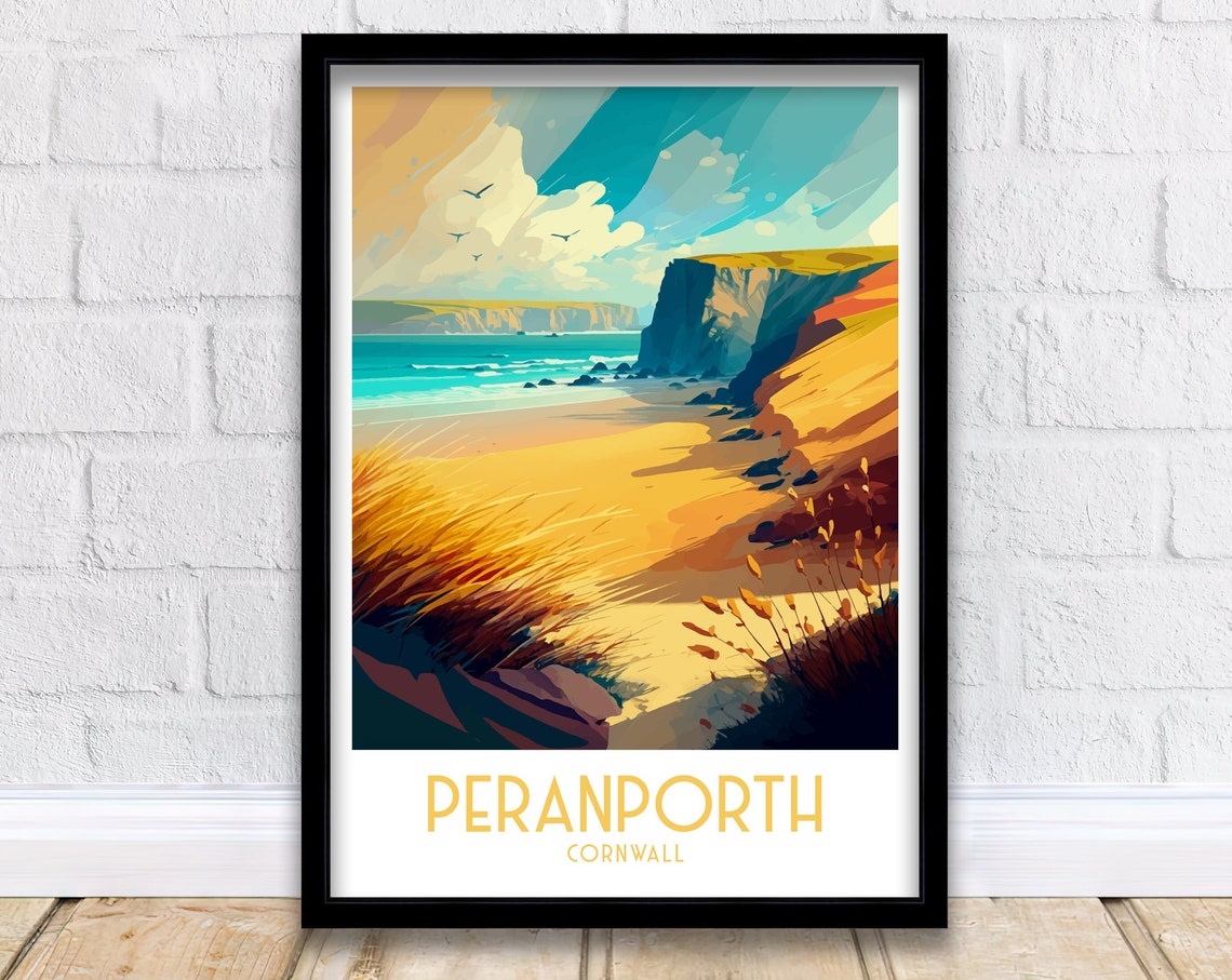 Perranporth Cornwall Sandy Beach Cliffs Dune Grass Surf Poster