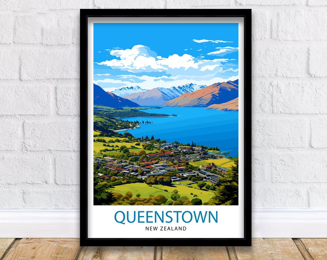 Queenstown New Zealand Print Adventure Capital Poster Lake Wakatipu Wall Art Remarkables Mountain Decor Kiwi Travel Illustration Outdoor