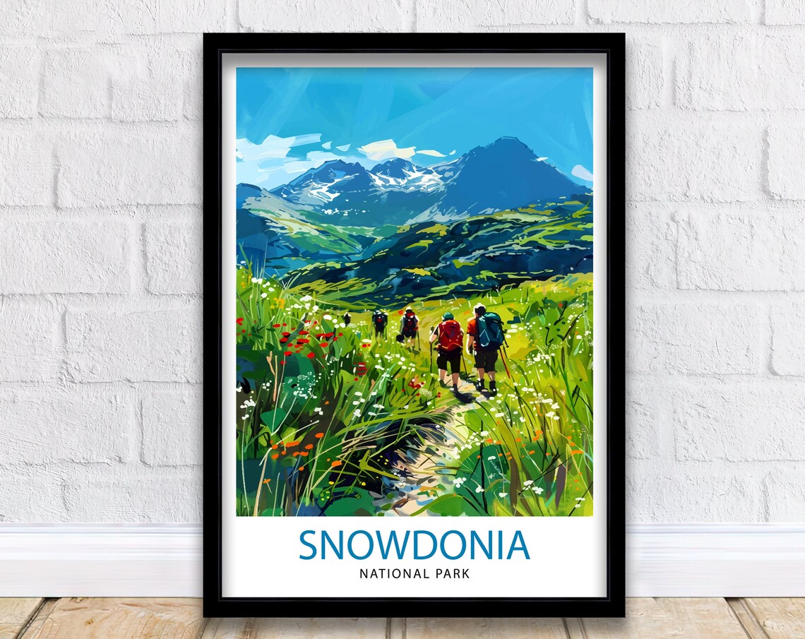 Snowdonia National Park Hikers Wildflower Mountain Trail Travel Poster