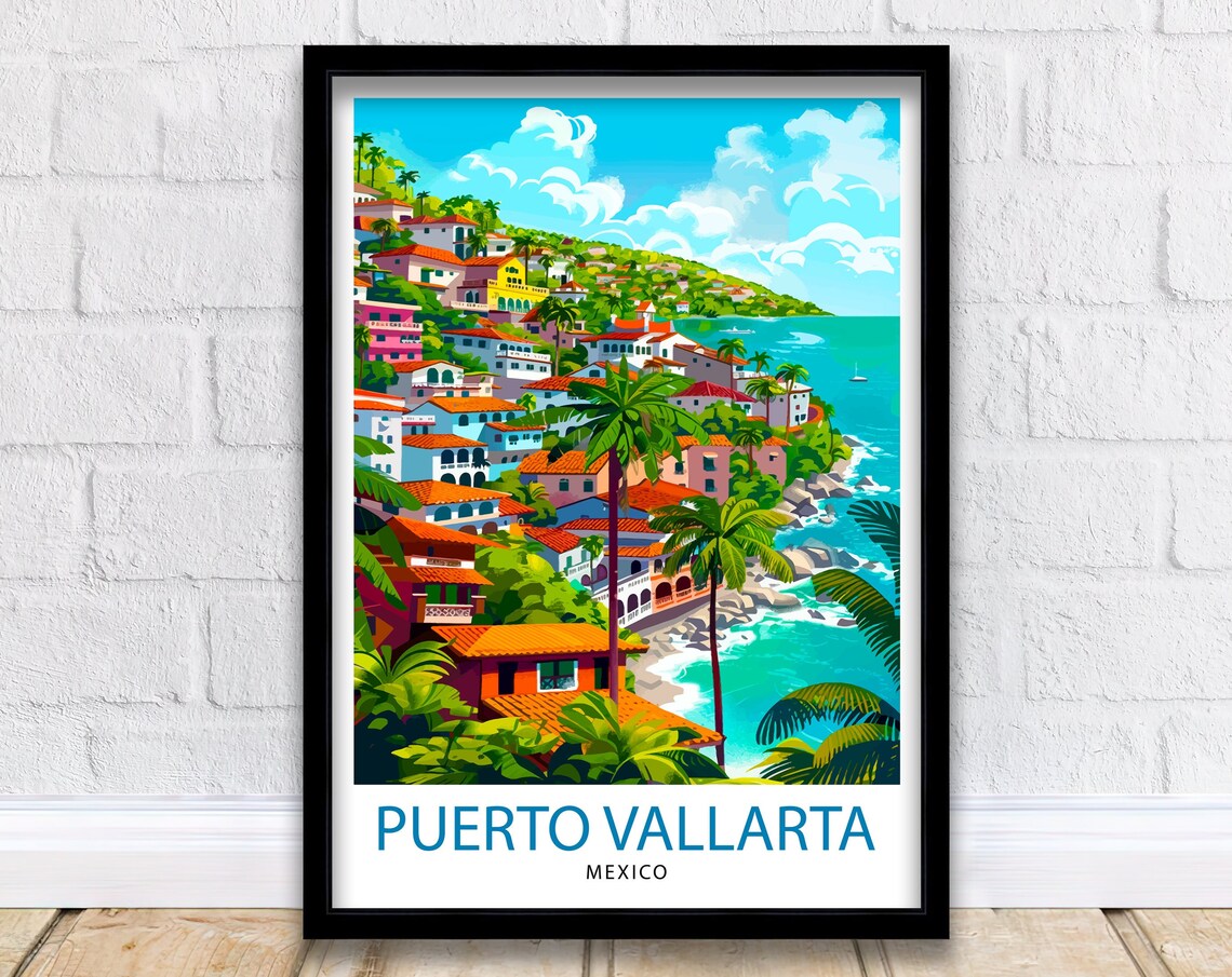 Puerto Vallarta Mexico Colorful Hillside Bay Palms Travel Poster